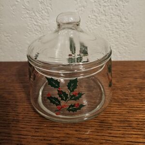 Libbey Christmas Holly & Berries Glass Candy Jar Dish with Cover Clear Vintage